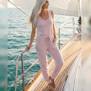 NWT $79 VINTAGE HAVANA cotton blend jumpsuit pink w floral side panels S